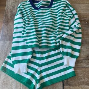 Anthropologie Daily Practice Green White Striped Sweater Set